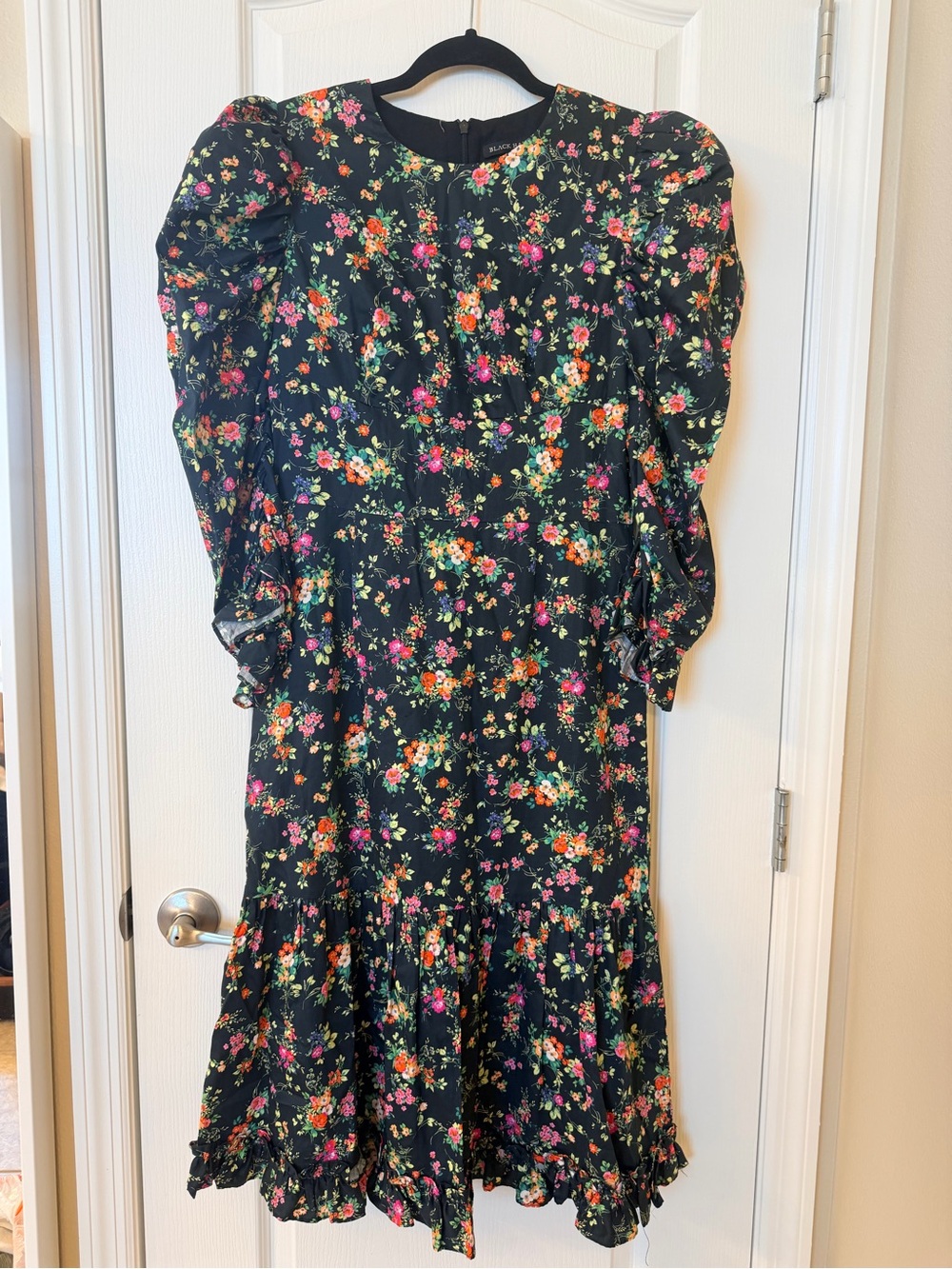 Black Halo Black Floral Puff Sleeve Dress with Multicolor Blossoms -C-